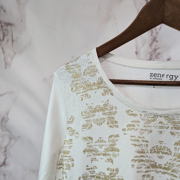 Chicos T Shirt Women Large 2 White Tee V Neck Gold Stamp Printed Quarter Sleeve - Picture 2 of 12